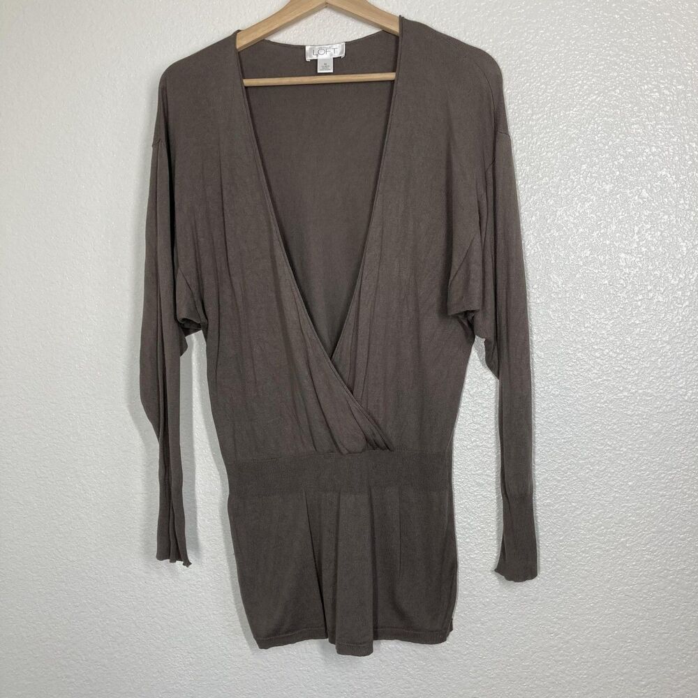 Ann Taylor Loft silk  Sweater Womens Medium Brown Surplice Wrap Top Long Sleeve